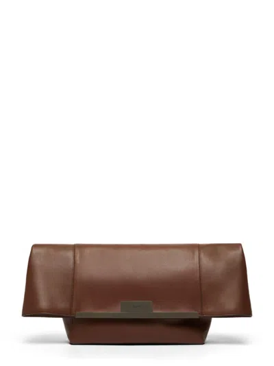 Max Mara Structured Brown Vitello Leather Handbag With Accents