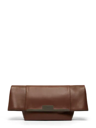 Max Mara Structured Brown Vitello Leather Handbag With Accents In Black