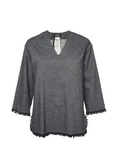 Pre-owned Max Mara Stud-embellished Fringed-edge Blouse In Blue