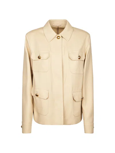 Max Mara Studio 100% Cotton Concealed Button Jacket With Buttoned Pockets In Beige
