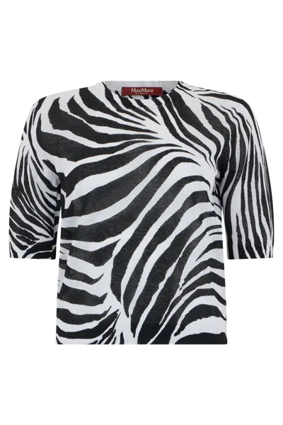Max Mara Studio Animal Print Sweater With Short Sleeves In Black