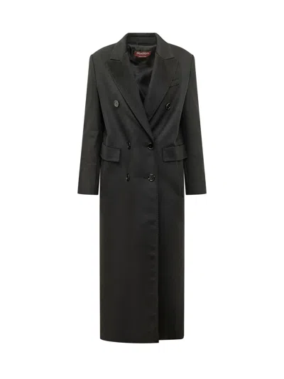 Max Mara Studio Appliqué-detail Overcoat With Vest Panel And Patch Pocket In Black