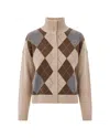 Max Mara Studio Argyle Knit Turtleneck Cardigan In Ecru