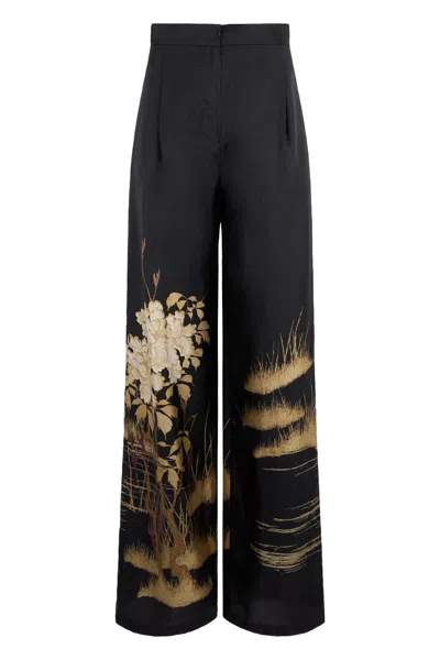 Max Mara Studio Artistic Print Silk Trousers In Black