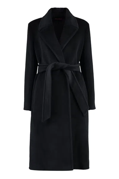 Max Mara Long Woolen Dressing Gown Coat In Black