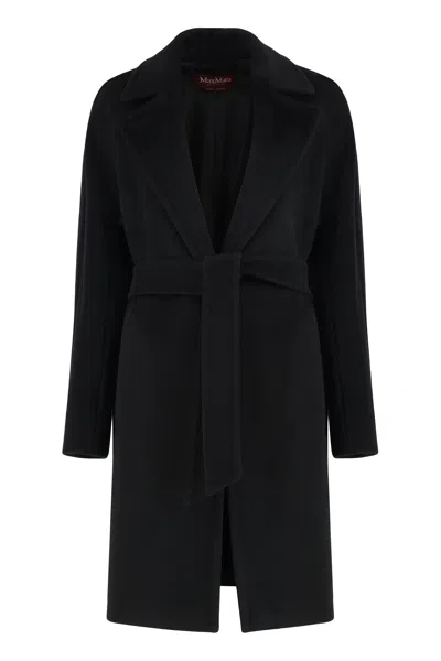 Max Mara Studio Beaver Wool Midi Robe Coat In Black