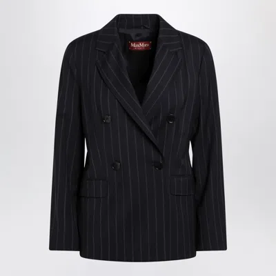 Max Mara Blue Pinstripe Double-breasted Wool Jacket In Black