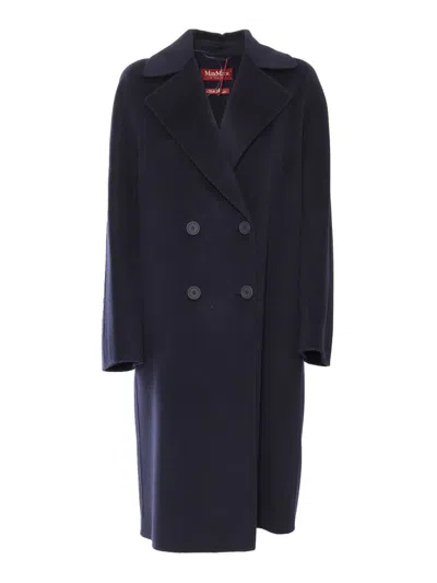 Max Mara Mid-length Black Double-breasted Coat With Notched Collar In Blue