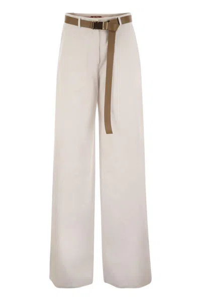Max Mara Murge Trousers In White Cotton And Linen With Belt In Beige