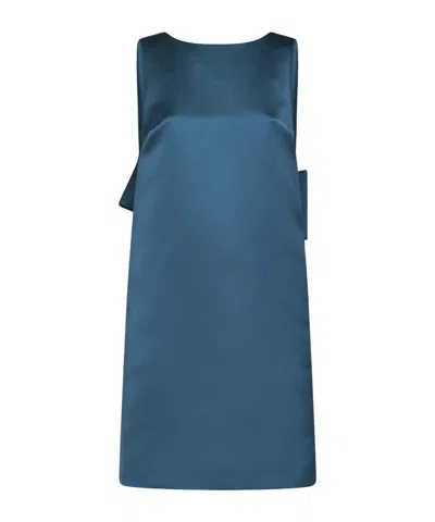 Max Mara Studio Deep V-neck Oversized Bow Satin Dress In Blue