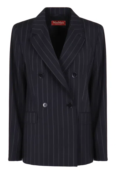 Max Mara Studio Double-breasted Blazer In Striped Wool In Blue