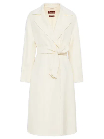 Max Mara Studio Double-drap Wool, Cashmere & Silk Belted Jacket With Lapel Collar In Bianco