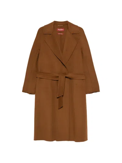 Max Mara Studio Double-drap Wool, Cashmere & Silk Belted Jacket With Lapel Collar In Marrone