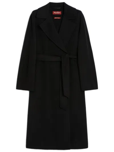 Max Mara Studio Double-drap Wool, Cashmere & Silk Belted Jacket With Lapel Collar In Nero