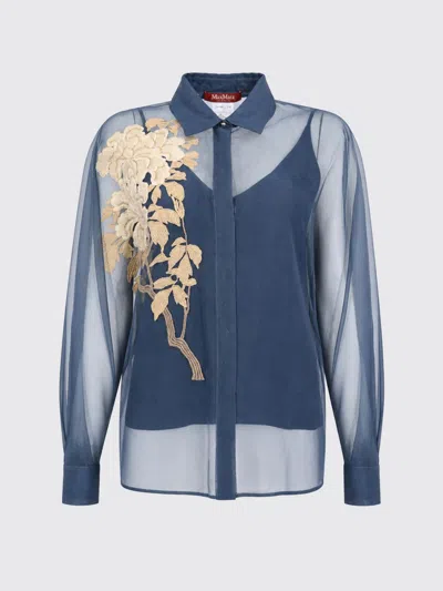 Max Mara Studio Silk Shirt With Floral Embroidery In Blue