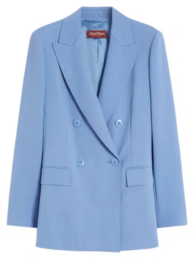 Max Mara Studio Fitted Pure Wool Crepe Satin Blazer With Peak Collar In Blue