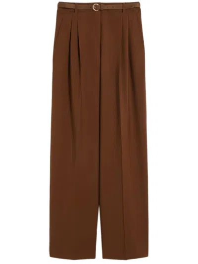 Max Mara Studio Flowing Fit Wool Canvas Trousers In Brown