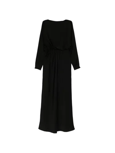 Max Mara Studio Fluid Line Satin Dress With Cagoule Detail And Matching Belt In Black