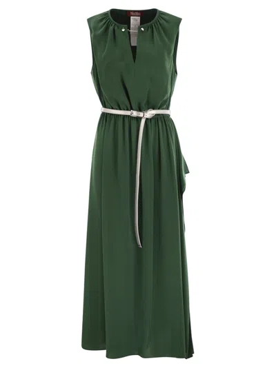 Max Mara Studio Gatheded Belted Sleeveless Dress In Green