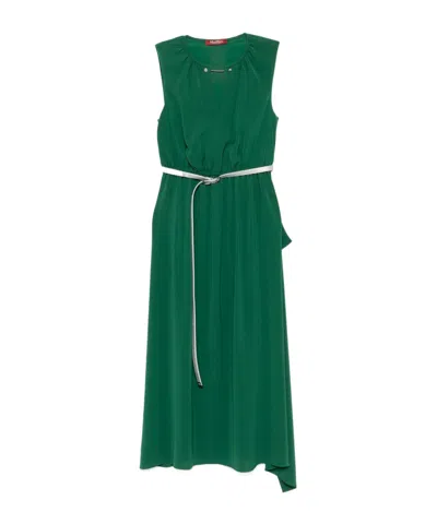Max Mara Studio Gatheded Belted Sleeveless Dress In Green