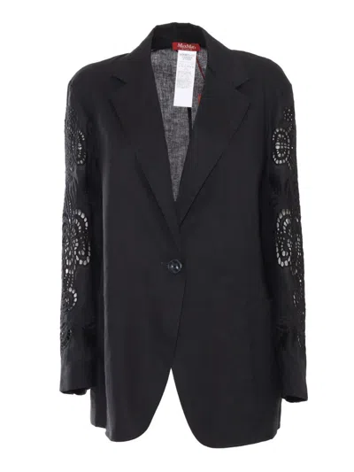 Max Mara Oversized Linen Blazer With Perforated Floral Motif In Black