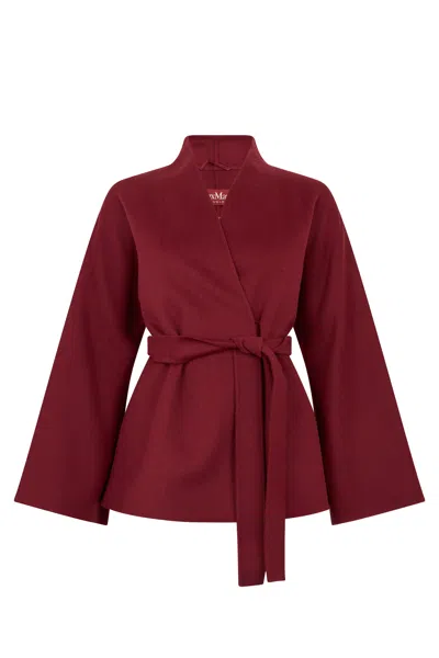 Max Mara Studio Kimono Wool Jacket With Waist Belt In Burgundy
