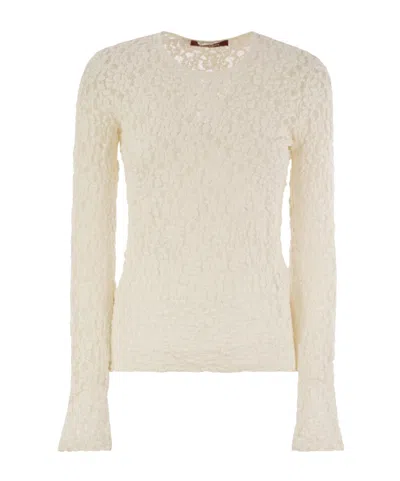 Max Mara Studio Lace Jersey Knit Top In Brown