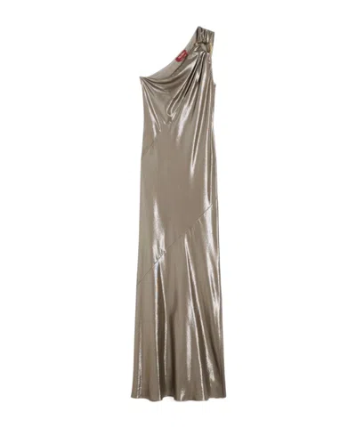 Max Mara Studio Laminated One Shoulder Long Dress In Gray