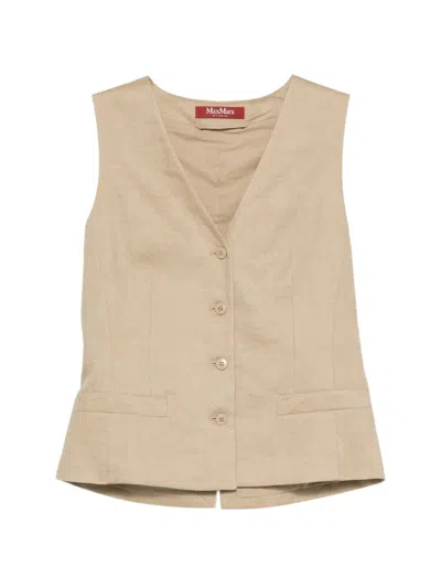 Max Mara Studio Linen Box Fit Vest With Adjustable Back Strap In Brown