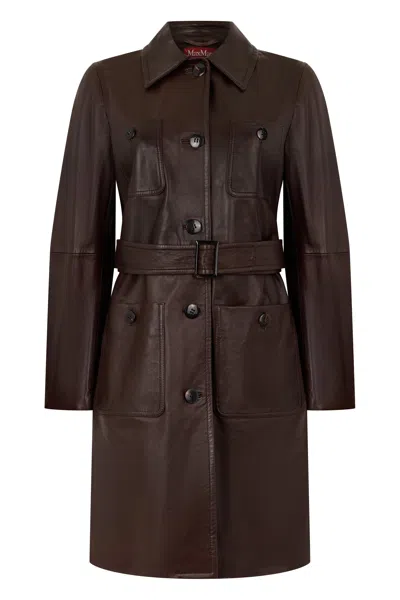 Max Mara Studio Long Leather Trench In Brown