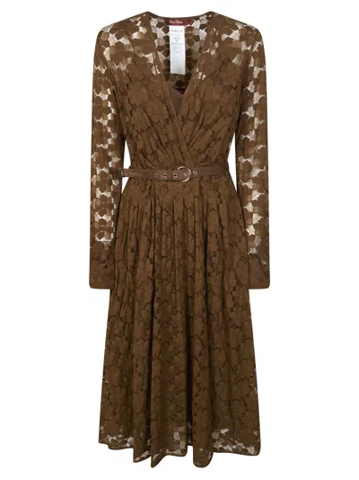 Max Mara Studio Long Sleeve V-neck Lace Mini Suit In Brown