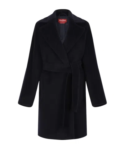 Max Mara Studio Long-sleeved Belted Coat In Blue