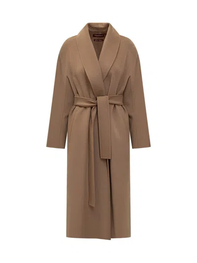 Max Mara Studio  Studio Long Coat With Camel Belt In Brown