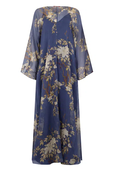 Max Mara Studio Maxi Dress In Floral Silk In Blue