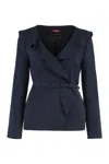Max Mara Studio Mini Ruffled Cady Jacket With Coordinated Belt In Blue