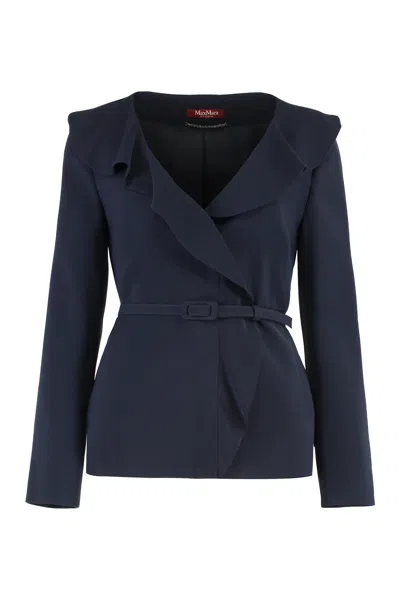 Max Mara Studio Mini Ruffled Cady Jacket With Coordinated Belt In Blue