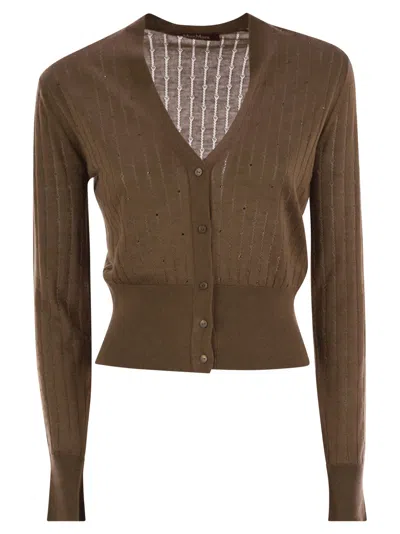Max Mara Studio Nogara Wool And Silk Cardigan With Sequins In Brown