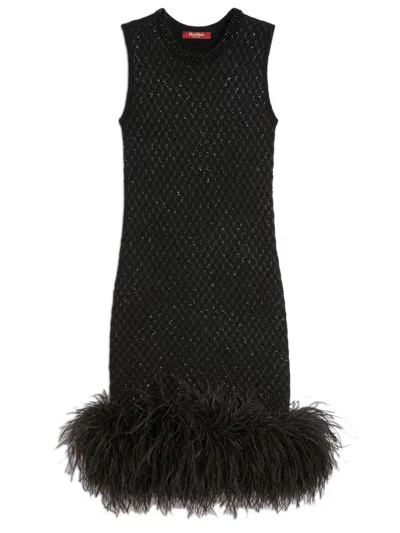 Max Mara Studio Novara Mini Dress With Feather Detail In Black