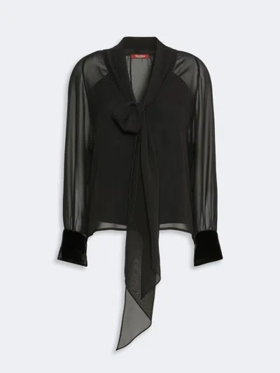 Max Mara Studio Pure Silk Georgette Blouse With Long Raglan Sleeves, Velvet Cuffs & Removable Slip T In Nero