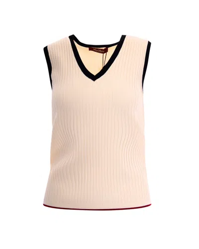 Max Mara Studio Ribbed Knit V-neck Sleeveless Top In White