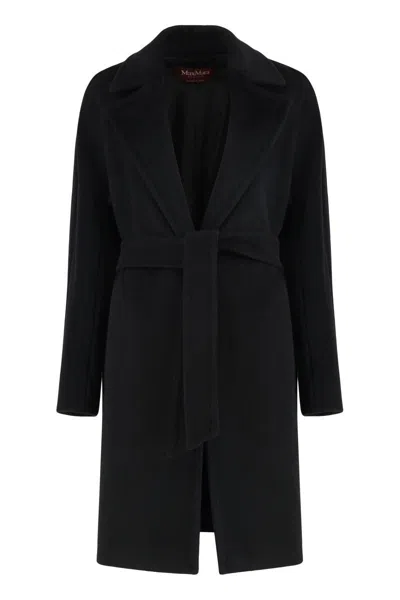 Max Mara Studio Scire Belted Virgin Wool Wrap Coat In Black