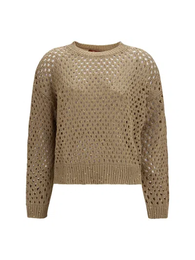 Max Mara Studio Sequin-embellished Open Knit Sweater In Neutral