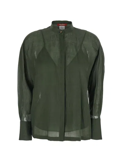 Max Mara Studio Sheer Long-sleeve Button-up Blouse In Kaki