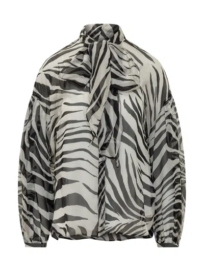 Max Mara Studio Shirt With Neck Tie And Artistic Print In Nero