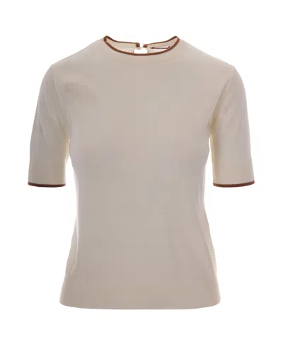 Max Mara Studio Short-sleeve Knit Sweater With Contrast Trim In Bianco Bicolore
