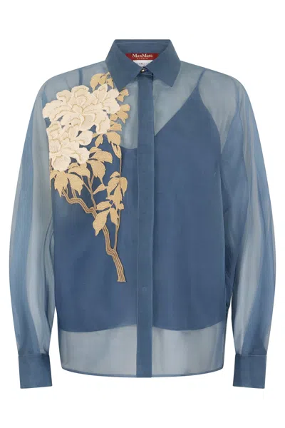 Max Mara Studio Silk Shirt With Embroidery In Blue