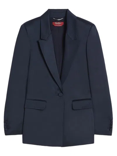 Max Mara Studio Silk-effect Single-breasted Jacket With Side Pockets & Back Vent In Blue