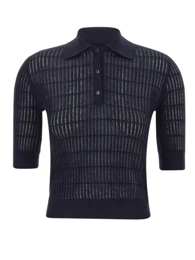 Max Mara Studio Silk/wool Blend Ribbed Polo With Short Button Placket In Navy
