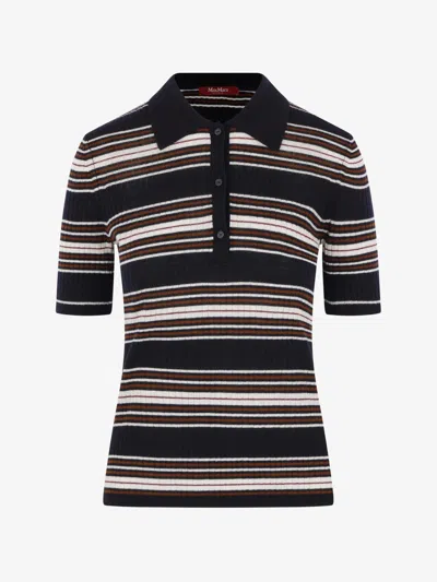Max Mara Studio Striped Silk-wool Knit Polo With Ribbed Collar In Blu