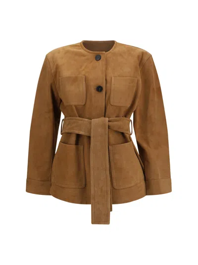 Max Mara Studio Suede Leather With Belt Jacket In Brown